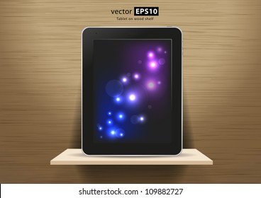 vector wood shelf and tablet on wood wall