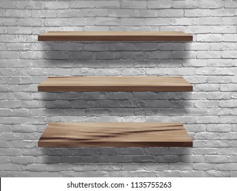 Vector wood shelves on white brick wall, Loft workspace concept