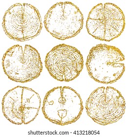 Vector wood splits set isolated on the white backdrop. Vector wood splits set with gold glitter for your design, fabric, logo, postcard and others.
