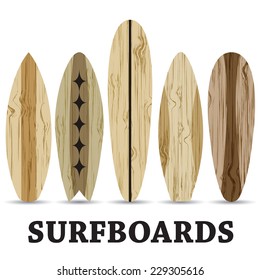 Vector wood surf boards / Summer Surfing / Isolated realistic surfboard a set of icons 