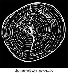 Vector wood surface as background.Tree trunk cross section. Natural pattern. Black and white isolated on white background. Wood icon or sawmill logo 