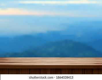 Mesas de madera vectorial y paisaje de montaña borroso