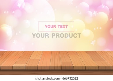 vector wood table top on pink bokeh abstract background