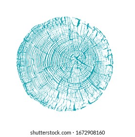 Vector wood texture of cracked rings pattern from a felled tree. Blue green wooden stump isolated on white.