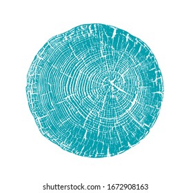 Vector wood texture of cracked rings pattern from a felled tree. Blue green wooden stump isolated on white.