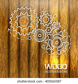 Vector wood texture with gears design. Vector Illustration. Vertical stripes.