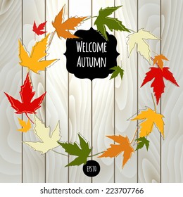 Vector wood texture with multicolor foliage. Grunge background. Retro wooden fence. Colorful maple leaves. Realistic wallpaper eco pattern. Leaf isolated on vintage backdrop. Welcome Autumn. 