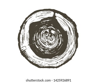 Vector wood texture of wavy ring pattern from a slice of tree. Grayscale wooden stump isolated on white.