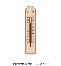 Vector Wood Thermometer temperature isolated on white background , 30 Celsius hot summer