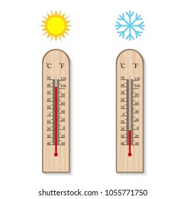 Vector Wood Thermometer temperature warm and cold isolated on white background , 40 and -20 Celsius hot summer , cold winter