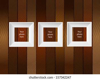 Vector wood or wooden background with white photo frame.