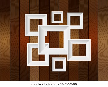 Vector wood or wooden background with white photo frame.