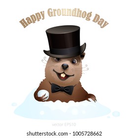 Vector woodchuck in a cylindrical hat on one side. Funny marmot suddenly spring out from a snow hole and is about to throw a snowball. Golden bent inscription Happy Groundhog Day is above an animal.