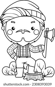 a vector of a woodcutter in black and white coloring
