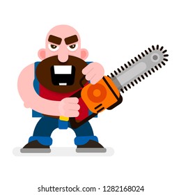 Vector Woodcutter With Chainsaw. Cartoon Illustration Isolated On White Background
