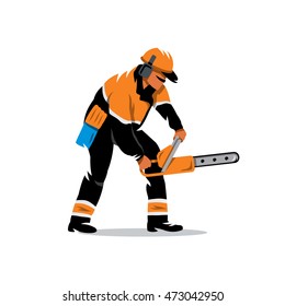 Vector Woodcutter with chainsaw Cartoon Illustration. The worker in overalls with a saw. Unusual Logo template isolated on a white background