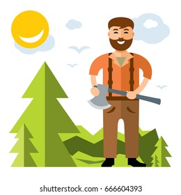 Vector Woodcutter. Flat style colorful Cartoon illustration.