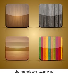 Vector Wooden App Icon Set On Brown Background. Eps 10