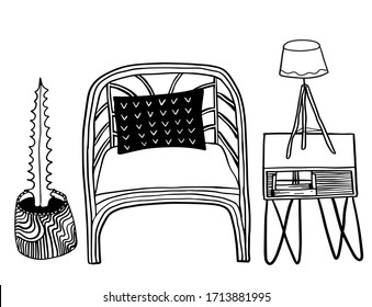 sillón vectorial de madera con almohada negra y lámpara de mesa en la mesita de noche y cactus en la olla