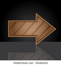 vector wooden arrow on black background with reflection. vector wood sign with arrow