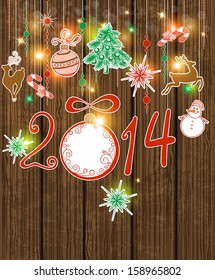 Vector wooden background with Christmas decorations for 2014 year