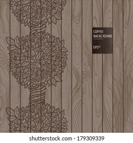 Vector wooden background with coffee plants seamless ornament