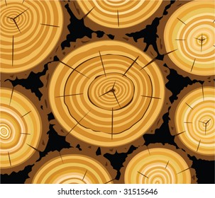 vector wooden background of dried tree cuts with history annual rings