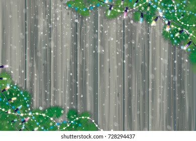 Vector  wooden  background and fir branches  border for Christmas design.