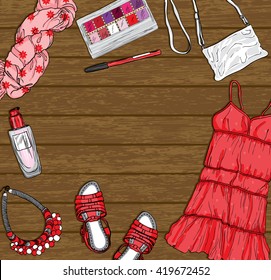 Vector wooden background with red female fashion clothes and accessories