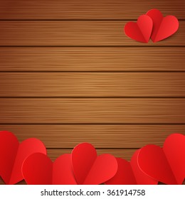 Vector wooden background with red paper hearts, Valentines day backdrop with copy space, design element.