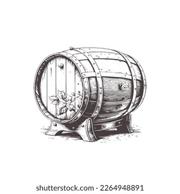 Vector wooden barrel. Hand drawn vintage illustration in engraved style. Alcohol, wine, beer or whiskey old wood keg. Great for pub or restaurant menu, label, poster, logo.