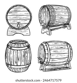 Vector wooden barrel. Hand drawn vintage illustration in engraved style. Alcohol, wine, beer or whiskey old wood keg. Great for pub or restaurant menu, label, poster, logo.