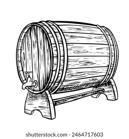 Vector wooden barrel. Hand drawn vintage illustration in engraved style. Alcohol, wine, beer or whiskey old wood keg. Great for pub or restaurant menu, label, poster, logo.