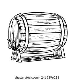 Vector wooden barrel. Hand drawn vintage illustration in engraved style. Alcohol, wine, beer or whiskey old wood keg. Great for pub or restaurant menu, label, poster, logo.