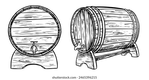 Vector wooden barrel. Hand drawn vintage illustration in engraved style. Alcohol, wine, beer or whiskey old wood keg. Great for pub or restaurant menu, label, poster, logo.