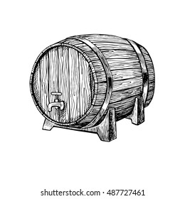 Vector Wooden Barrel. Hand Drawn Vintage  Illustration In Engraved Style. Alcohol, Wine, Beer Or Whiskey Old Wood Keg. Great For Pub Or Restaurant Menu, Label, Poster, Logo.