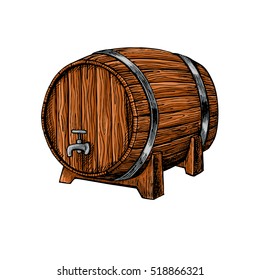 Vector wooden barrel. Hand drawn vintage  illustration in engraved style. Alcohol, wine, beer or whiskey old wood keg. Great for pub or restaurant menu, label, poster, logo.