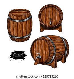 Vector wooden barrel. Hand drawn vintage  illustration in engraved style. Alcohol, wine, beer or whiskey old wood keg. Great for pub or restaurant menu, label, poster, logo.