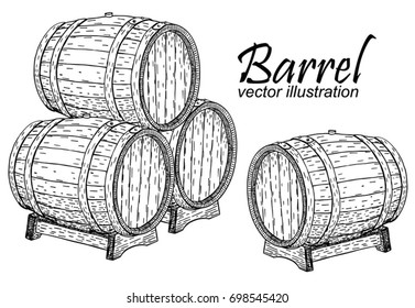 Barril de madera vectorial. Ilustración vintage dibujada a mano en estilo grabado. Alcohol, vino, cerveza o whisky de maderas antiguas. Ideal para el menú de pub o restaurante, etiqueta, afiche, logotipo.