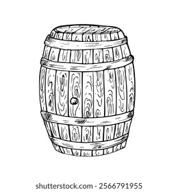 Vector barril de madera para el vino, cerveza, whisky. Ilustración vintage gráfica aislada sobre fondo. Dibujado a mano de madera de roble barril sketch de línea. Para los diseñadores, impresiones, postales, papel de embalaje, vacaciones