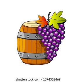 Vector wooden barrel with wine. Sketch of grapes.