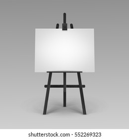 Vector Wooden Black Easel with Mock Up Empty Blank Horizontal Canvas Isolated on Background