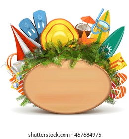 Vector Wooden Board with Beach Accessories