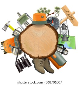 Vector Wooden Board with Camping Accessories