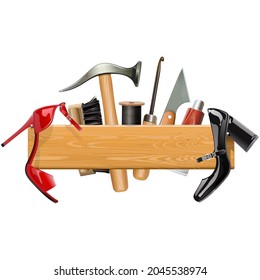 Vector Wooden Board with Cobbler Tools isolated on white background
