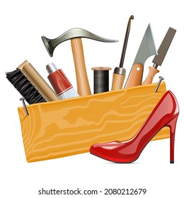 Vector Wooden Board With Cobbler Tools And Red Female Shoe Isolated On White Background