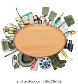 Vector Wooden Board with Fishing Tackle