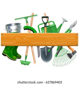 Vector Wooden Board with Garden Tools