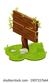Vector wooden board pointer in isometric with branches. Illustration of a green lawn with grass.