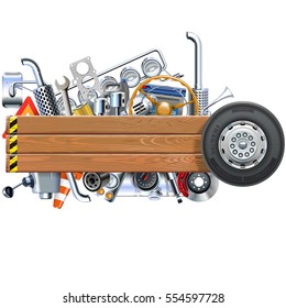 Vector Wooden Board with Truck Spares